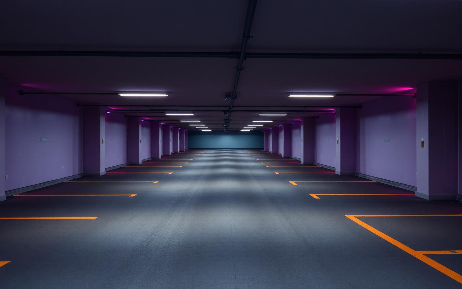 Modernt parkeringsgarage med varm belysning